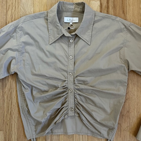 L’ACADEMIE lena blouse khaki revolve ruched cropped cotton button up NWT size S - Picture 7 of 11